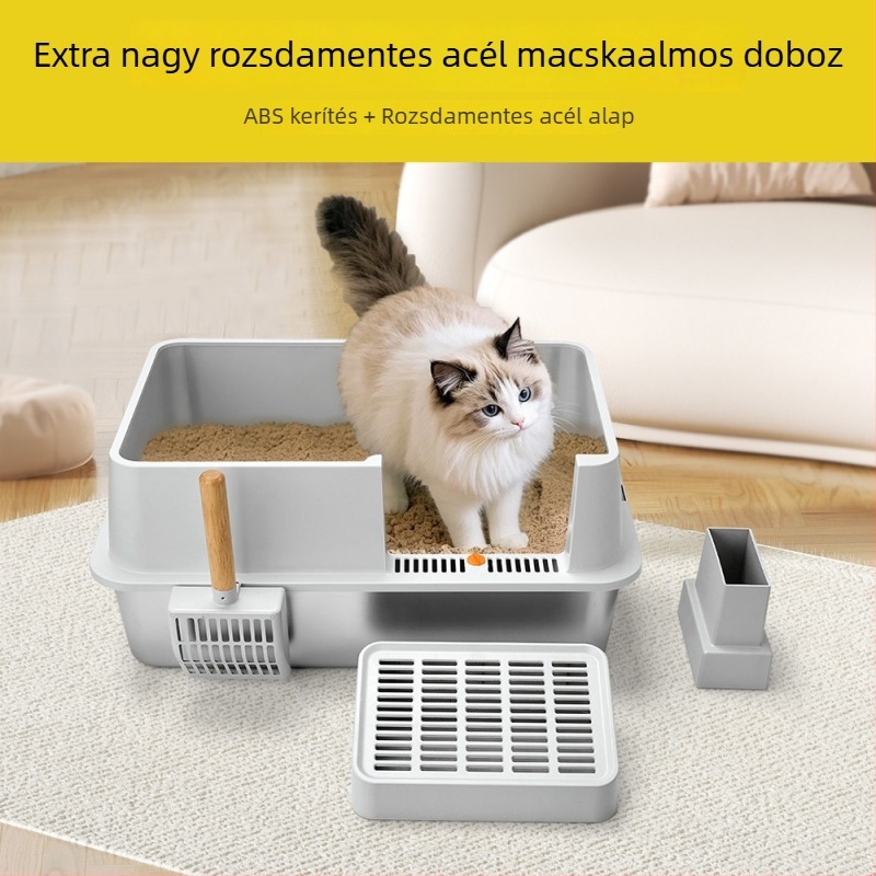 Extra nagy méretű rozsdamentes acél macskatoalett, nem tapadó aljzattal, könnyen tisztítható