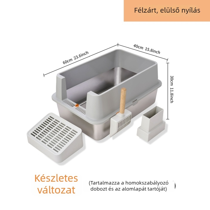 Extra nagy méretű rozsdamentes acél macskatoalett, nem tapadó aljzattal, könnyen tisztítható