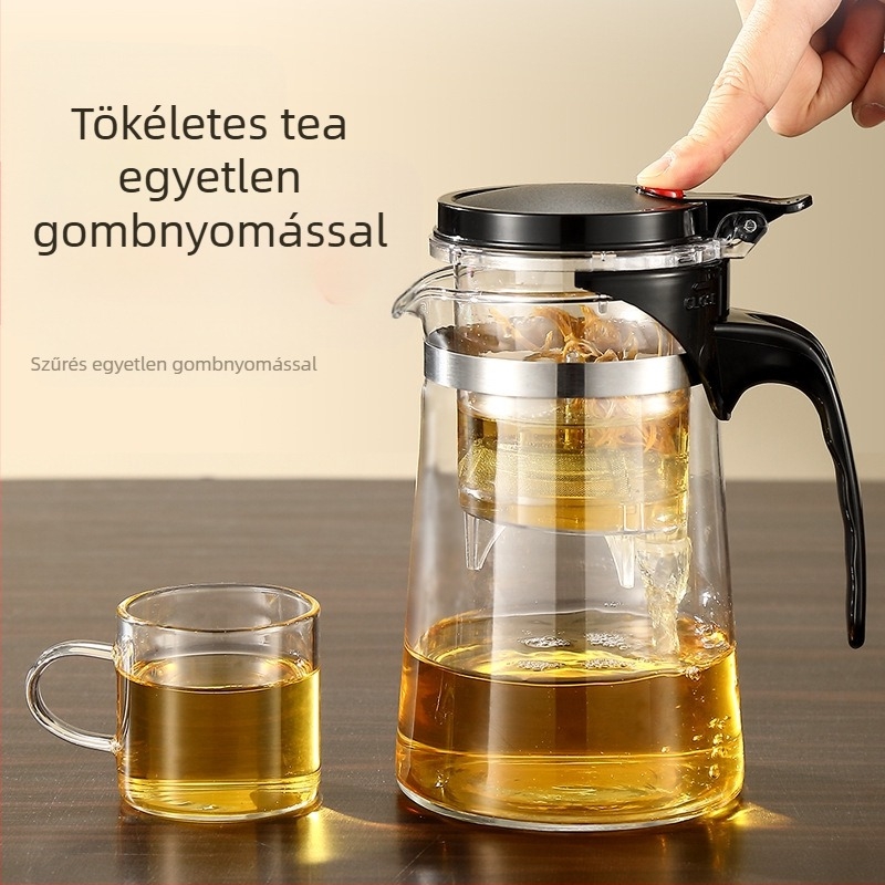 Hőálló üvegből készült teáskészlet teáscsészével, egygombos tea-víz szétválasztás, iroda és otthon