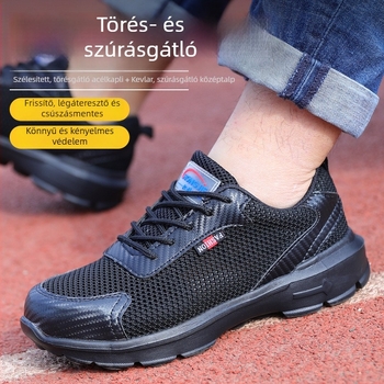 Légáteresztő nyári biztonsági munkacipő acélorral, ütés- és perforációvédett, Flyknit felsőrész, gumi talp, fekete