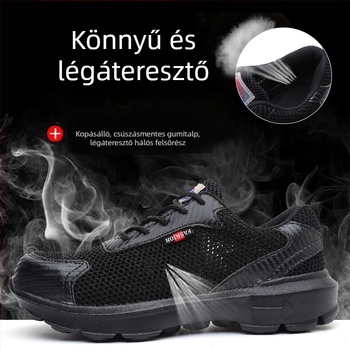 Légáteresztő nyári biztonsági munkacipő acélorral, ütés- és perforációvédett, Flyknit felsőrész, gumi talp, fekete