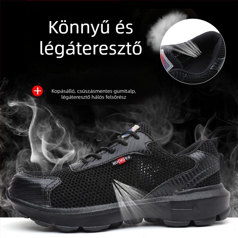 Légáteresztő nyári biztonsági munkacipő acélorral, ütés- és perforációvédett, Flyknit felsőrész, gumi talp, fekete