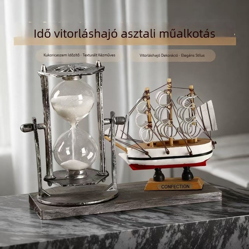 Retro asztali dísz: homokórával és vitorlás hajóval – vasból készült művészet