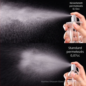 100 ml-es üveg parfüm-újratöltő, ferde vállú, nyomógombos permetezővel, utazáshoz