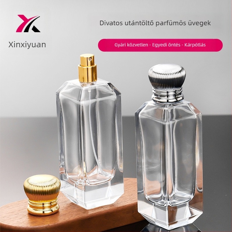 100 ml-es üveg parfüm-újratöltő, ferde vállú, nyomógombos permetezővel, utazáshoz
