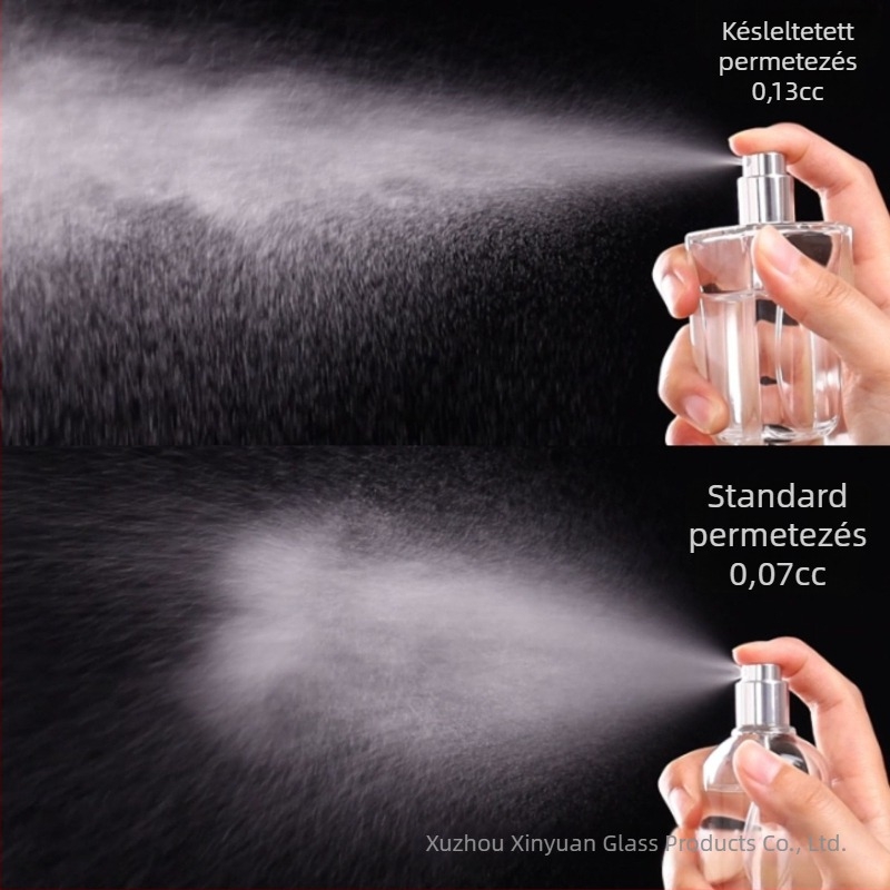 100 ml-es üveg parfüm-újratöltő, ferde vállú, nyomógombos permetezővel, utazáshoz