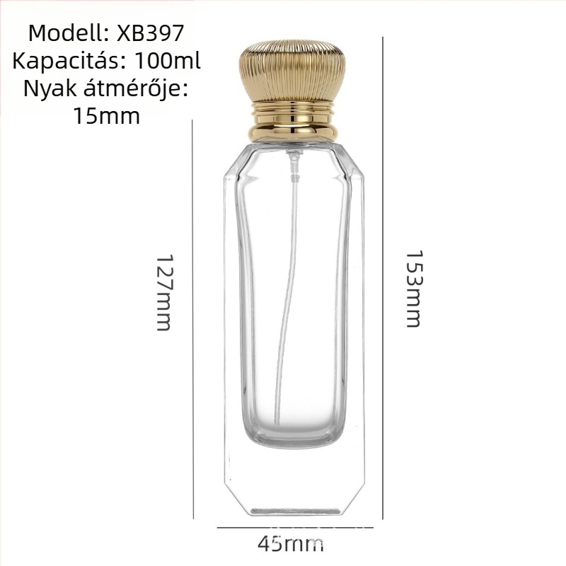 100 ml-es üveg parfüm-újratöltő, ferde vállú, nyomógombos permetezővel, utazáshoz