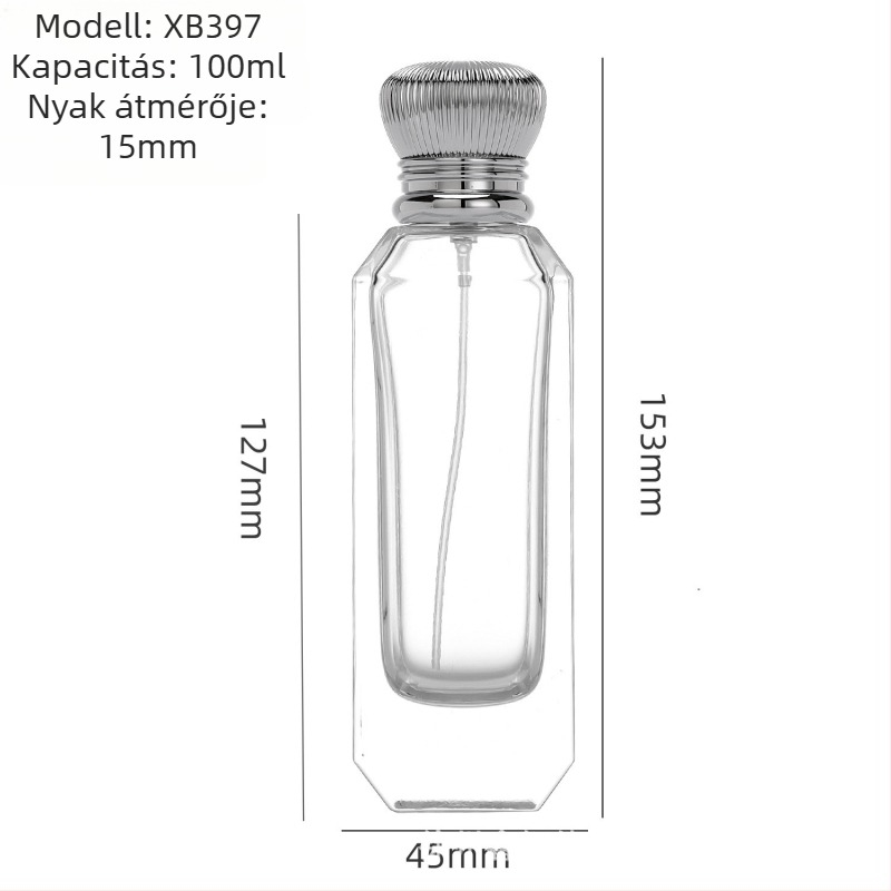 100 ml-es üveg parfüm-újratöltő, ferde vállú, nyomógombos permetezővel, utazáshoz