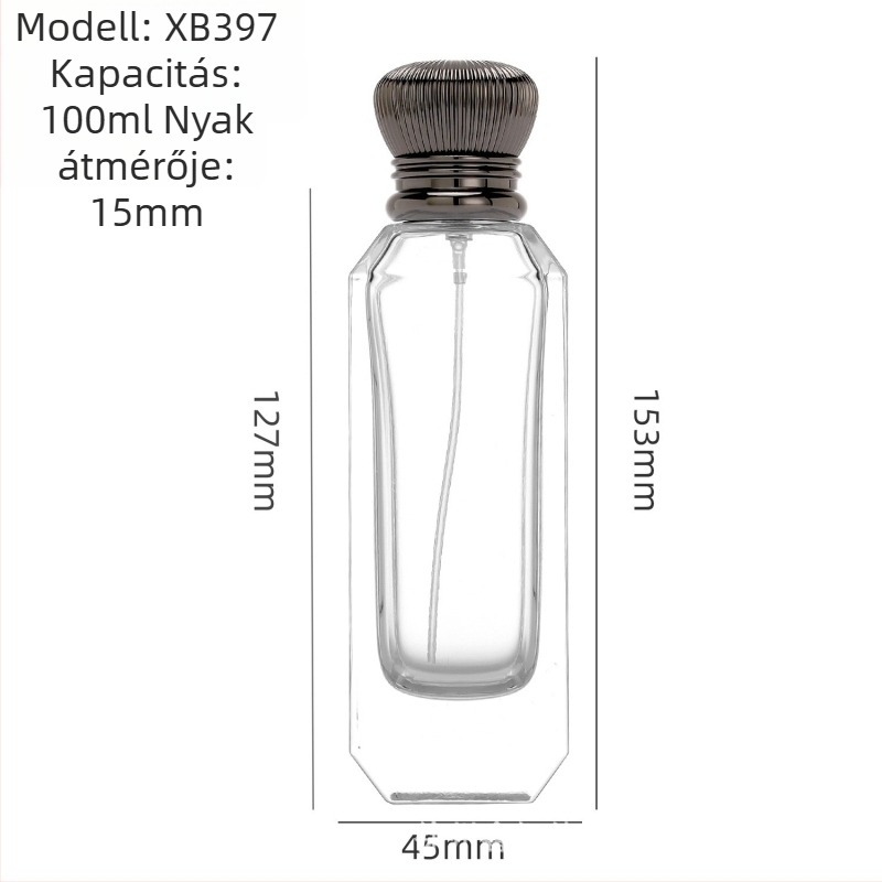 100 ml-es üveg parfüm-újratöltő, ferde vállú, nyomógombos permetezővel, utazáshoz