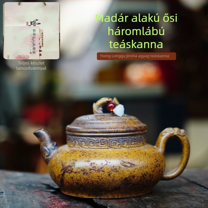 Yixing lila agyag teáskanna, madár alakú ősi háromlábú dizájn, kézzel készített otthoni tea készítéséhez