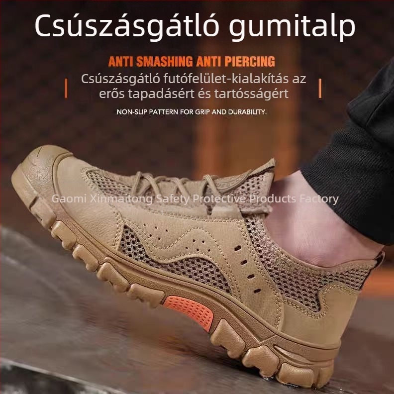 Légáteresztő acélorrú munkavédelmi cipő ütés- és átszúrás elleni védelemmel, olaj- és lúgálló, kopásálló, könnyű, puha talpú, szagtalan