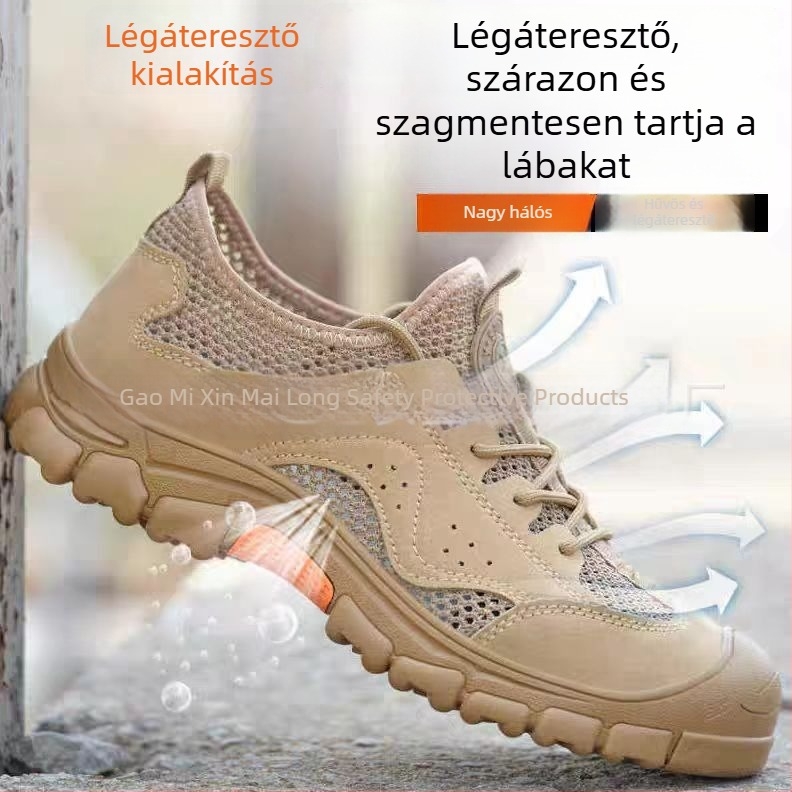 Légáteresztő acélorrú munkavédelmi cipő ütés- és átszúrás elleni védelemmel, olaj- és lúgálló, kopásálló, könnyű, puha talpú, szagtalan