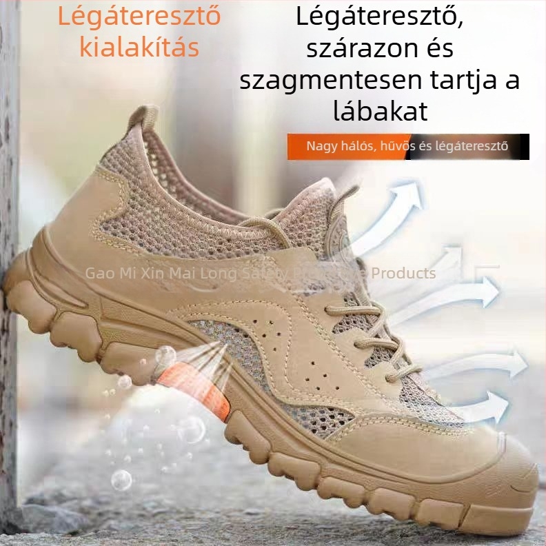 Légáteresztő acélorrú munkavédelmi cipő ütés- és átszúrás elleni védelemmel, olaj- és lúgálló, kopásálló, könnyű, puha talpú, szagtalan