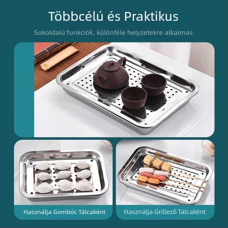Rozsdamentes acélból készült teás tálca víztárolóval – hordozható, multifunkcionális teához, sütéshez és kültéri étkezéshez
