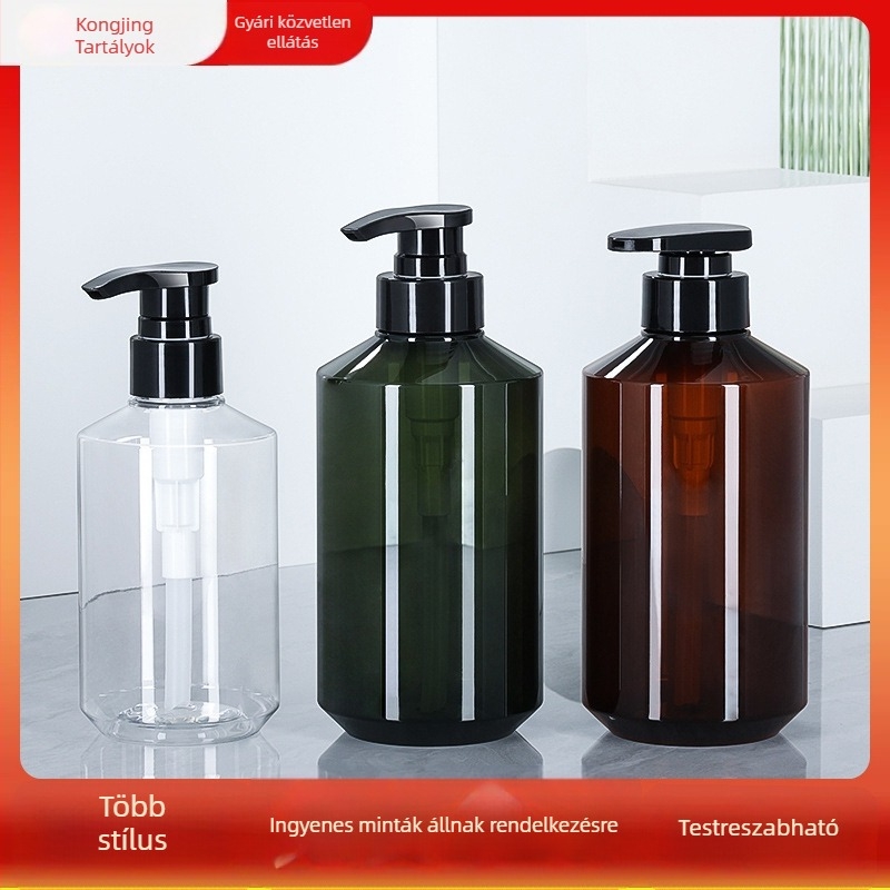 Üres PET műanyag samponos üveg pumpával, ferde vállú kialakítás, 300 ml/500 ml, testápolóhoz