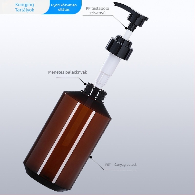 Üres PET műanyag samponos üveg pumpával, ferde vállú kialakítás, 300 ml/500 ml, testápolóhoz
