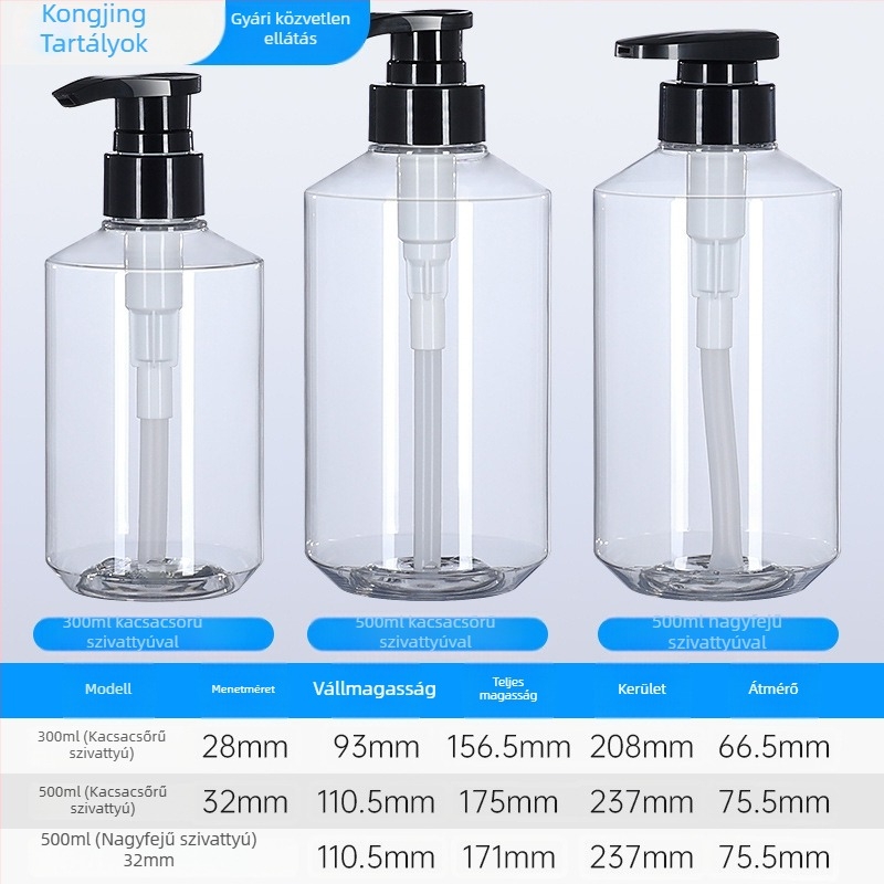Üres PET műanyag samponos üveg pumpával, ferde vállú kialakítás, 300 ml/500 ml, testápolóhoz
