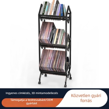 Fém magazin- és újságtartó, többemeletes CD- és vinyl tároló, levehető könyvespolc