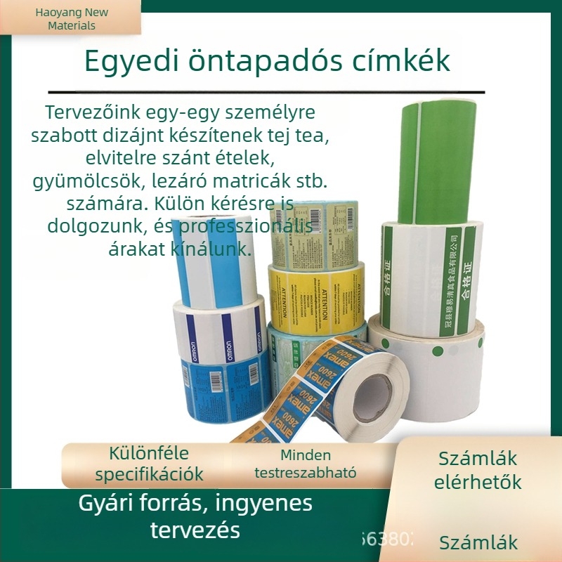 Háromvédelmes termoszalag öntapadó címkepapír, 100×150 mm; formák: téglalap, ovális, kör; márka Haoyang; vastagság 0,1–1 mm