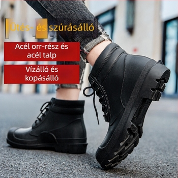 Uniszex esőcsizmák acél orral és acél talppal, nagy méret, vízálló, kopásálló, ütés- és nyomásálló ipari és bányászati lábbelik