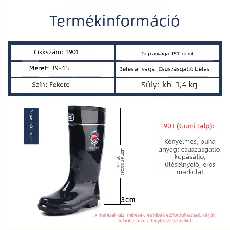 Férfiaknak készült vastagított magas szárú esőcsizma 1901, fekete, sav- és lúgálló, olajálló, PVC, csúszásmentes, vízálló
