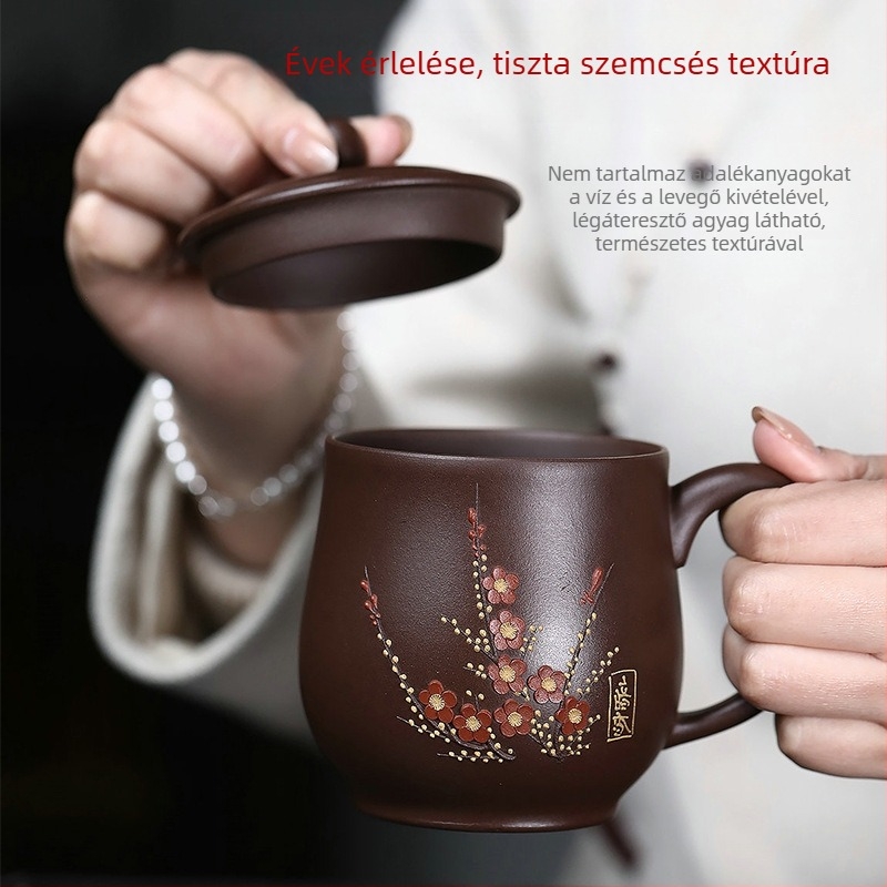 450 ml teáscsésze fedővel, lila agyagból, kézzel készített, modern letisztult stílus, otthonra és irodába