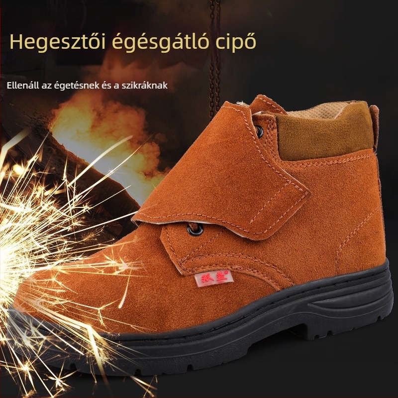 Sárga acélorrú munkavédőcipő hegesztéshez, ütésálló és kopásálló, kettős rétegű marhabőrből
