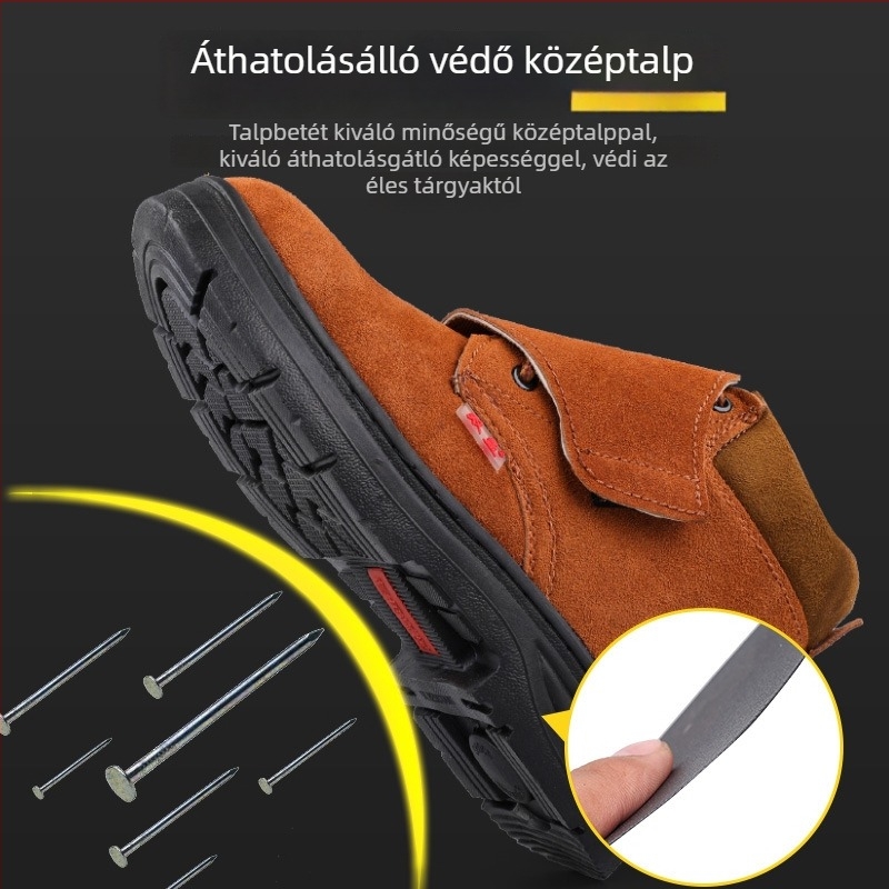 Sárga acélorrú munkavédőcipő hegesztéshez, ütésálló és kopásálló, kettős rétegű marhabőrből