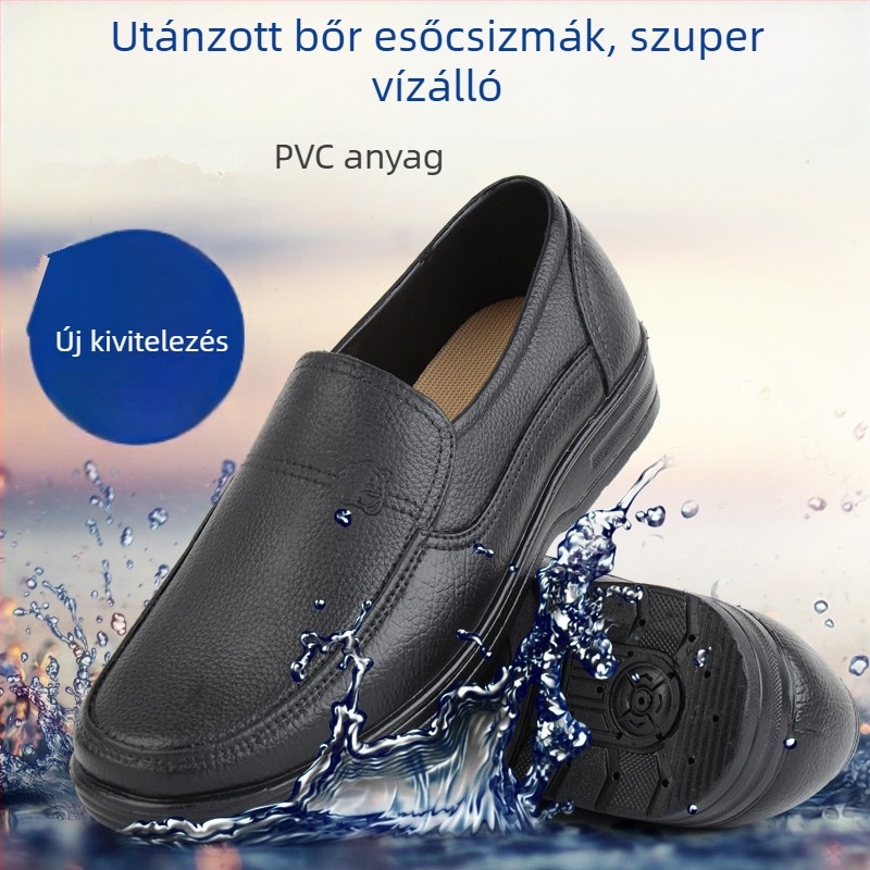 PVC férfi vízálló esőcipő, alacsony kivágású slip-on, tavasz–ősz viselet, csúszásmentes talp