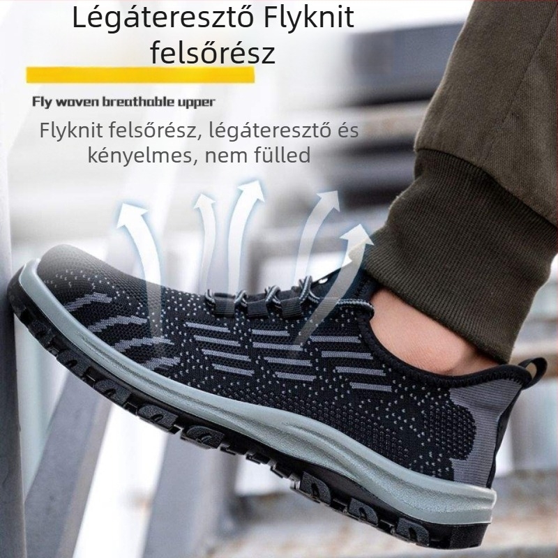 Férfi nyári, lélegző védőcipő építkezésre, könnyű, ütésálló és szúrásálló, Fly-Knit felsőrésszel