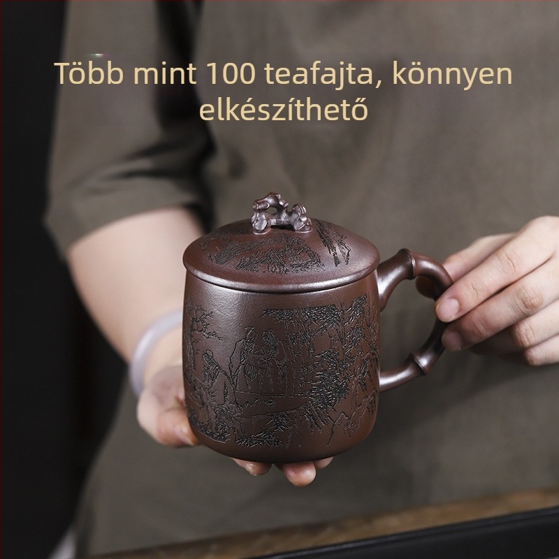 Yixing kézzel készített lila agyag teáskanna, Huanglongshan lila agyagból, fedeles pohár Bamboo Forest Seven Sages dizájnnal, nagy kapacitás otthoni használatra