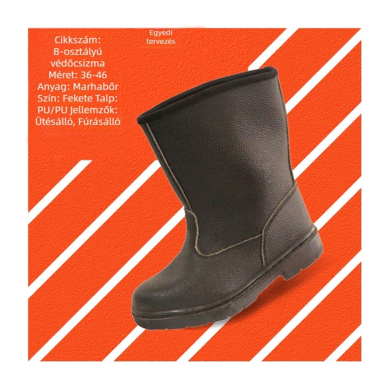 Bőr magas szárú védőcsizma télre, esőcsizma fleece béléssel, meleg, csúszásmentes, vízálló, megerősített, plusz méretek
