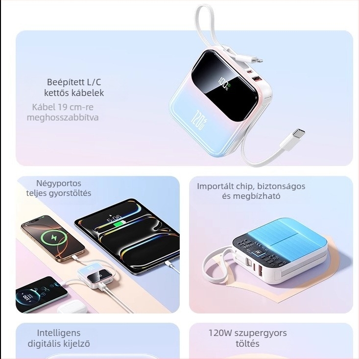 3C-igazolással rendelkező Power Bank gyors töltéssel, beépített kábellel, kompakt 10000mAh, repülőgéppel kompatibilis, nagy kapacitás