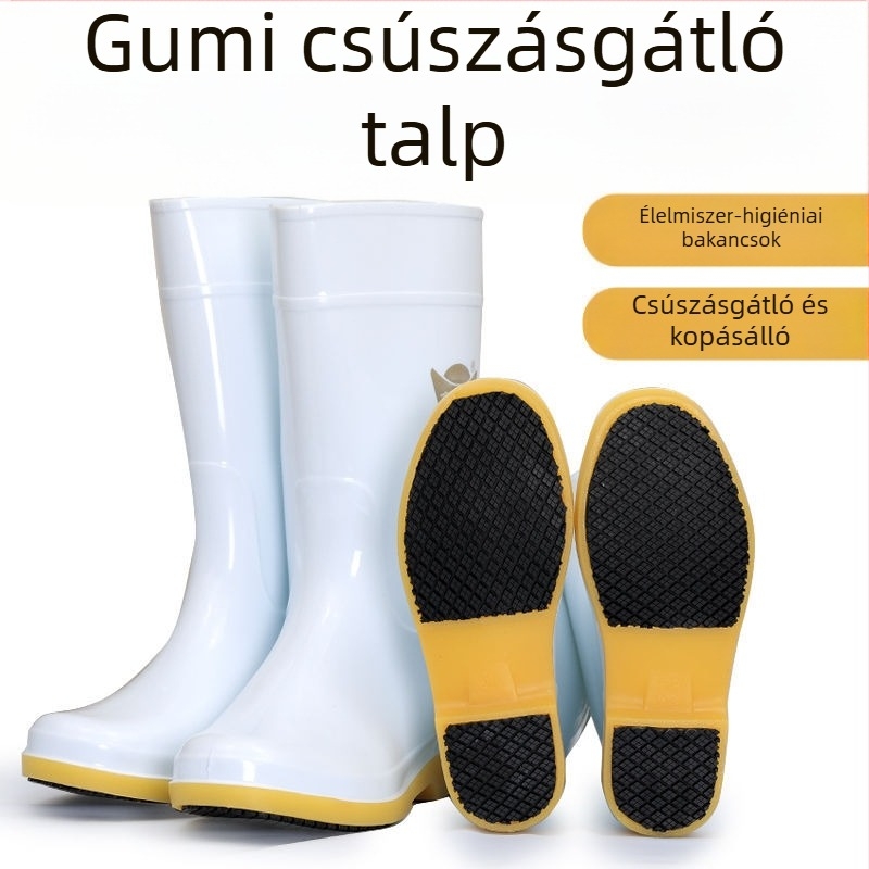 Fehér vastagított csúszásmentes esőcsizma gumitalppal, kopásálló, vízálló és olajálló, középmagasságú