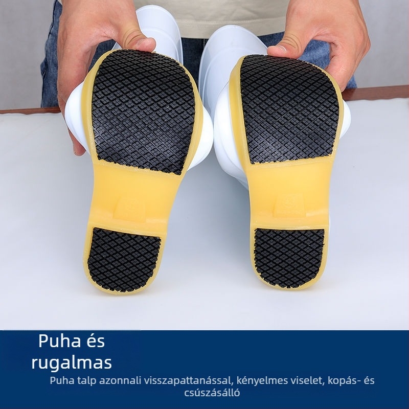 Fehér vastagított csúszásmentes esőcsizma gumitalppal, kopásálló, vízálló és olajálló, középmagasságú