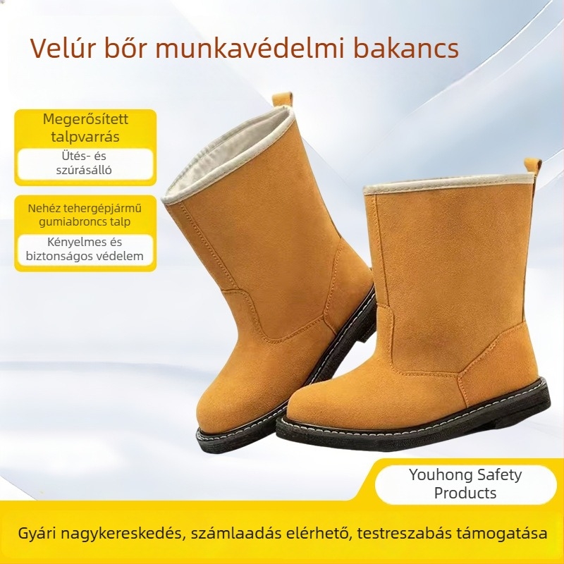 Suede bőr munkavédelmi bakancs acélorral, magas szárú, hőálló, szikrák elleni védelem, kopásálló, perforáció elleni védelem