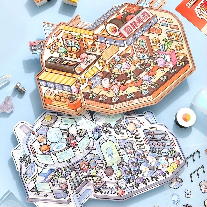 Táj matricák, oversized pixeles stílusú 6.0, miniatűr jelenetgyűjtemény DIY naplóhoz, öntapadós, vágás nélkül