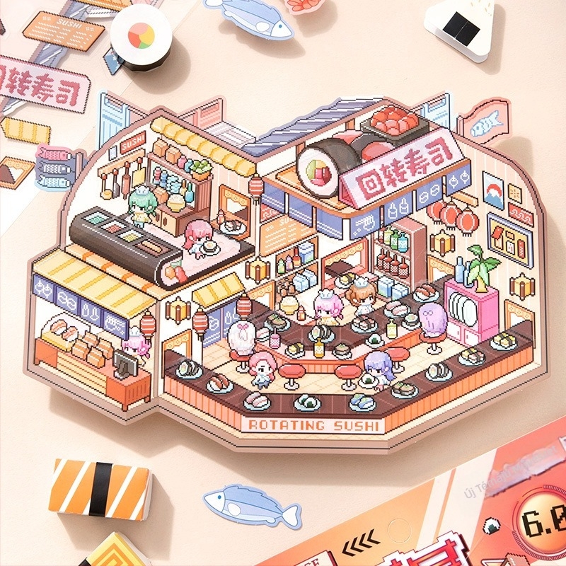Táj matricák, oversized pixeles stílusú 6.0, miniatűr jelenetgyűjtemény DIY naplóhoz, öntapadós, vágás nélkül