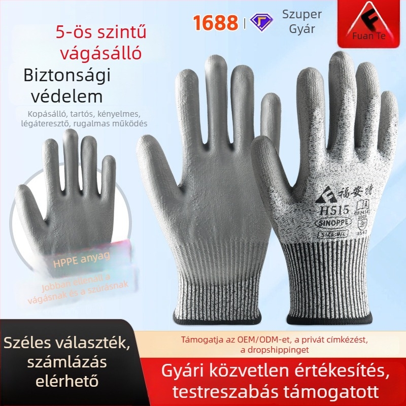 PU bevonat vágásbiztos kesztyű, 5. szintű vágásállóság, kopásálló, áthatolásálló, kézvédelem, csúszásmentes