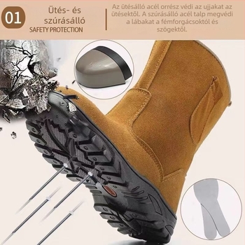 Tehénbőrből készült védőcipő acélorrú, középmagas szár, ütés- és perforációálló, kopásálló, magas hőmérséklet-álló, szikrázásálló a kovácsoláshoz