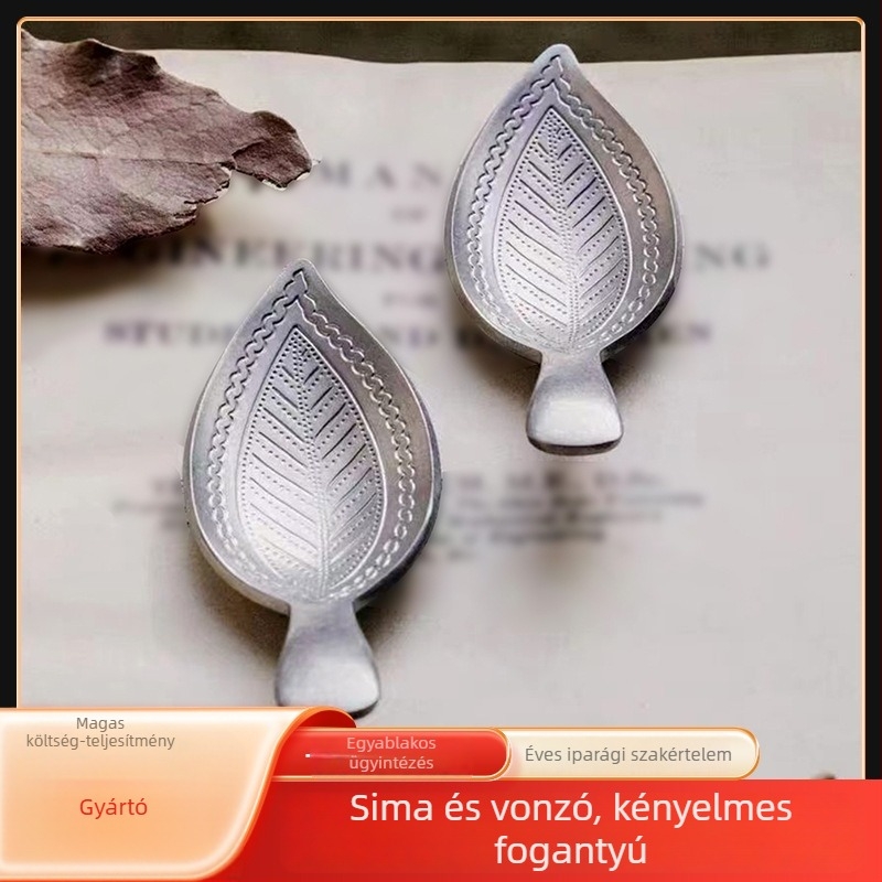 Levél alakú teáskanál, retro stílus, levél-relief hópelyhek motívum, mini teáskanál, rozsdamentes acél 304