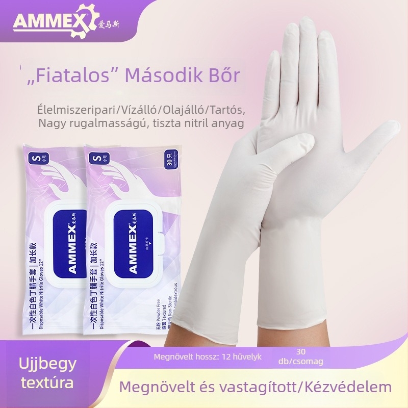 Egyszer használatos nitril kesztyűk, hosszított hosszúságú, élelmiszer-minőségű, cateringhez, konyhához, sütéshez, mosogatáshoz, háztartási tisztításhoz