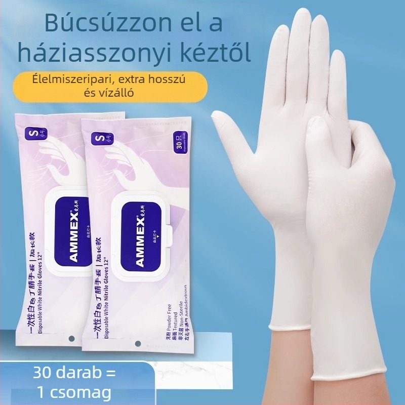 Egyszer használatos nitril kesztyűk, hosszított hosszúságú, élelmiszer-minőségű, cateringhez, konyhához, sütéshez, mosogatáshoz, háztartási tisztításhoz