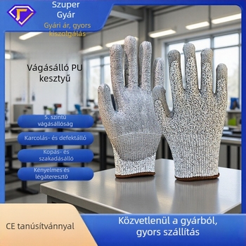5. szintű építkezési kesztyű PU bevonattal, tenyéren is bevonattal, kopásálló és csúszásmentes textil