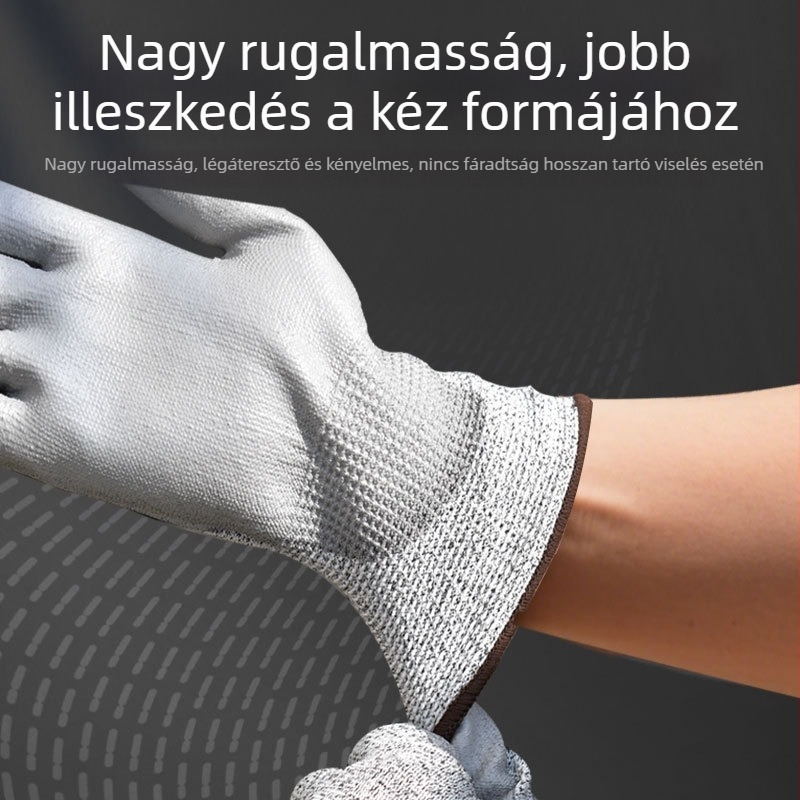 5. szintű építkezési kesztyű PU bevonattal, tenyéren is bevonattal, kopásálló és csúszásmentes textil