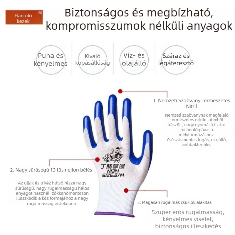 Munkavédelmi kesztyűk: kopásálló és vágásálló, nitril-latex anyagból, professzionális védőkesztyű, olajálló és megvastagított