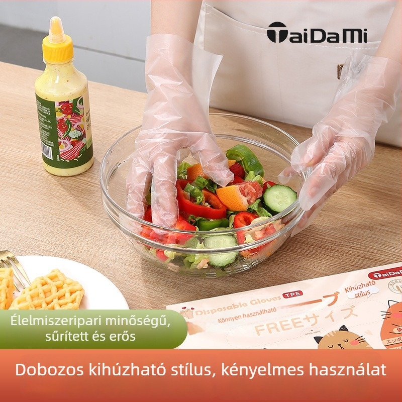 Egyszer használatos TPE kesztyűk, élelmiszer-minőségű, konyha és catering célokra, vastagított kialakítás, könnyen felhúzható, 100 darabos csomag.