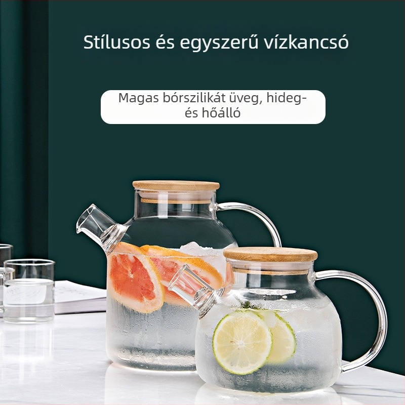 Boroszilikát‑üveg teáskanna bambuszfedővel, nagy nyílású, teához és gyógyteákhoz