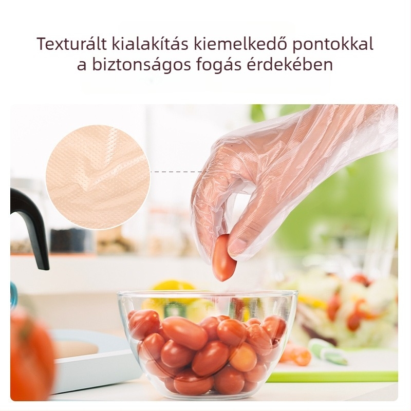 Deli LQ110 egyszer használatos PE kesztyűk, élelmiszer-minőségű, átlátszó, dobozos kiszerelésben, kihúzható kialakítással, vízálló és koszolódásmentes étkezéshez