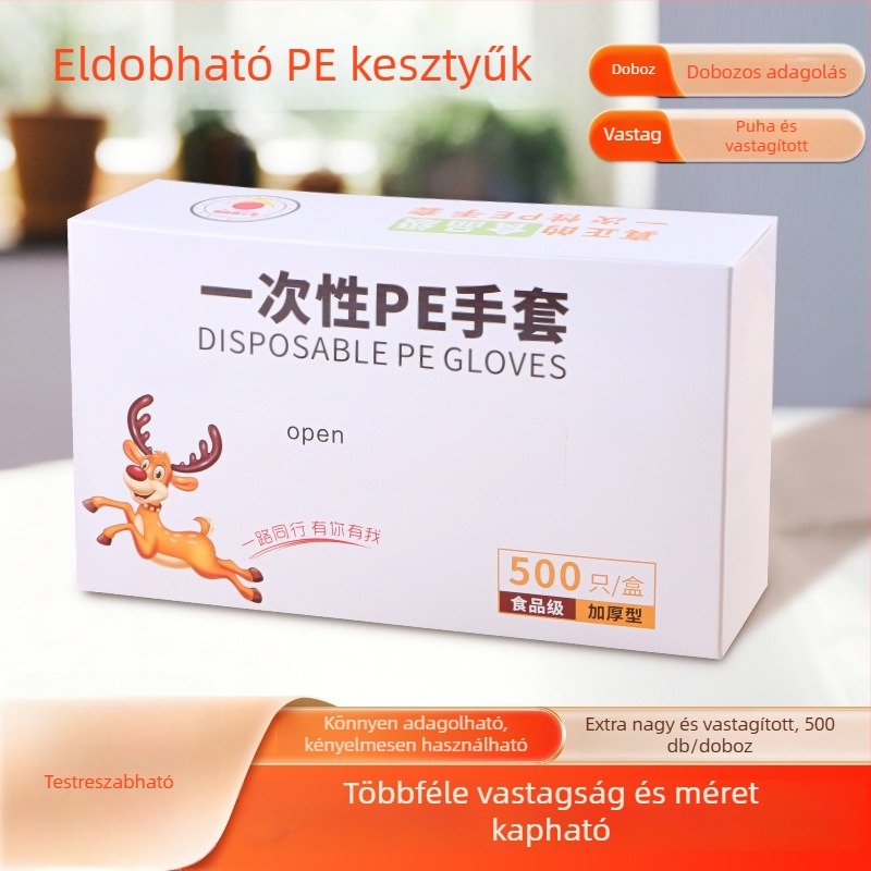 Élelmiszer-biztonságos egyszer használatos kesztyűk, 500 darabos doboz, átlátszó műanyag, csúszásmentes, otthoni konyhába
